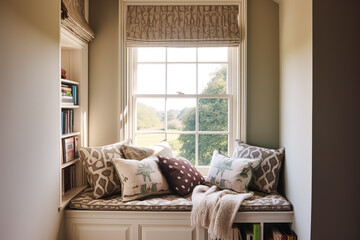 Window seat, interior design and comfort at home, reading nook with bookshelves and cushions, home decor in a country house, English cottage style, generative ai