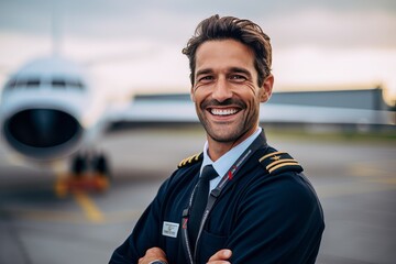 Portrait of smiling pilot standing with arms crossed in front of airplane - obrazy, fototapety, plakaty