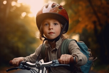 Fototapeta na wymiar Kid wearing protective helmet rides a bicycle outdoors