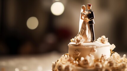 plastic figurines of the bride and groom on the wedding cake, blurred background, bokeh. generated ai