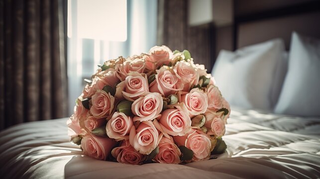 a bouquet of pink roses on a bed in a hotel. generated ai