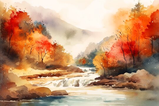 watercolor landscape, bright autumn forest, river and mountains. generated ai