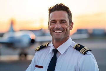 Portrait of smiling pilot standing in airport with airplane in the background - obrazy, fototapety, plakaty