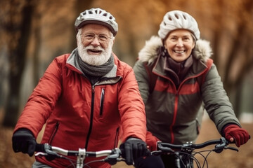 Fototapeta na wymiar Adult couple of old people in a helmet ride bicycles together, an active lifestyle pensioners