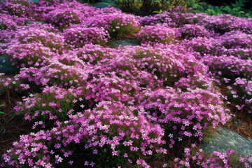 Purple, pink carpet of Phlox Subulata (creeping phlox, moss phlox, moss pink, or mountain phlox) flowers.