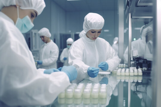 Pharmaceutical workers testing the quality of production of medicines and cosmetics