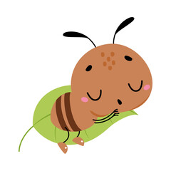 Cute Brown Little Ant Sleeping on Green Leaf Vector Illustration