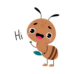 Obraz premium Cute Brown Little Ant Greeting Saying Hi Vector Illustration