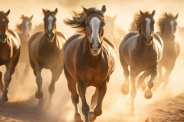 Fototapeta na wymiar Group of horses running gallop in the desert