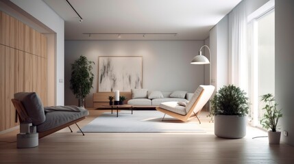 Interior of a living room with high ceilings, house in minimalism modern style, design project of an apartment decor. generative ai.