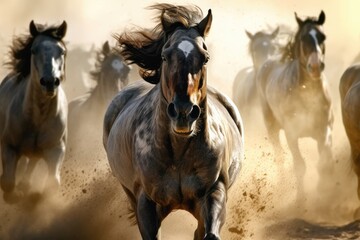 Fototapeta na wymiar Group of horses running gallop in the desert