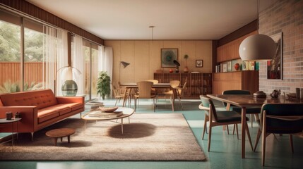 Fototapeta na wymiar Living room interior with high ceilings, house in mid-century modern style, design project, apartment decor. generative ai.