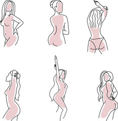 Female nude body line art vector set.