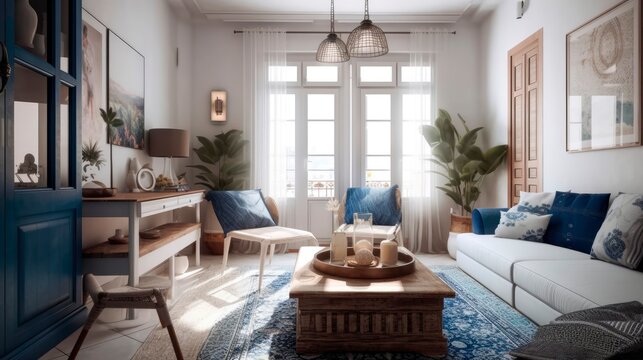 Interior of a living room with high ceilings, a house in the Mediterranean style, design project of an apartment decor. generative ai.
