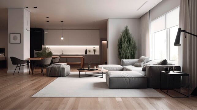 Interior of a living room with high ceilings, house in minimalism modern style, design project of an apartment decor. generative ai.
