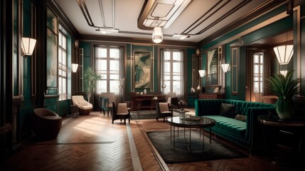 Living room interior with high ceilings, house in art deco style, design project. generative ai.