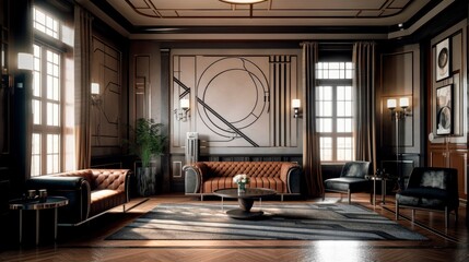 Living room interior with high ceilings, house in art deco style, design project. generative ai.