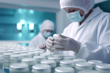 Pharmaceutical workers testing the quality of production of medicines and cosmetics - obrazy, fototapety, plakaty