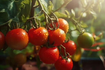 Juicy fresh organic ripe tomatoes branch growing in greenhouse