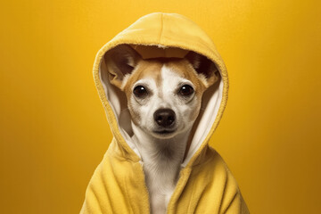 Portrait of dog wearing bathrobe on yellow background - obrazy, fototapety, plakaty