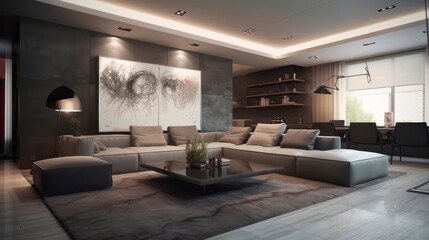 Fototapeta premium Interior of living room with high ceilings, house in contemporary style, design project of apartment decor. generative ai
