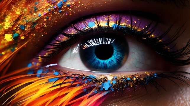 Amazing close up of a blue eye with abstract details and makeup