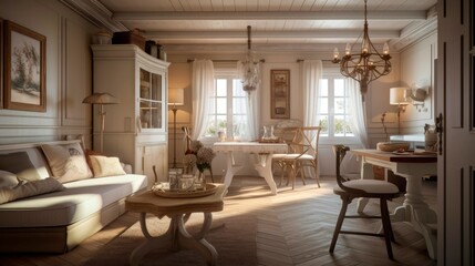 Interior of living room with high ceilings, house in French style, design project of apartment decor. generative ai