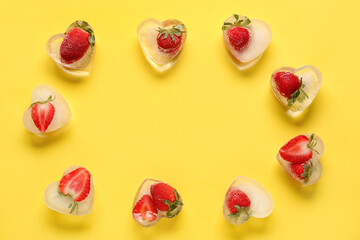 Frame made of fresh strawberry frozen in ice on yellow background