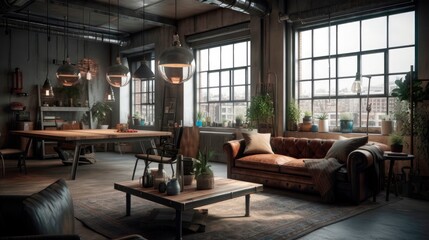 Interior of living room with high ceilings, house in industrial style, design project of apartment decor. generative ai.