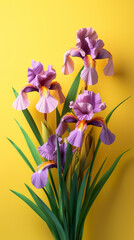 A bouquet of purple flowers against a yellow wall. Generative AI. Iris flowers.