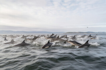 Fototapeta premium A breathtaking shot of a pod of dolphins leaping joyfully out of the water, showcasing their playful nature and strong social bonds