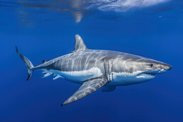 A dramatic shot of a great white shark patrolling the deep blue ocean, evoking both awe and a sense of the raw power of these apex predators