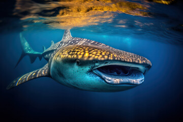 An up-close photograph of a magnificent whale shark swimming gracefully underwater, highlighting its enormous size and gentle demeanor