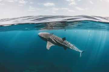 An up-close photograph of a magnificent whale shark swimming gracefully underwater, highlighting its enormous size and gentle demeanor