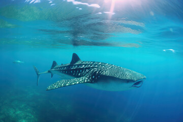An up-close photograph of a magnificent whale shark swimming gracefully underwater, highlighting its enormous size and gentle demeanor