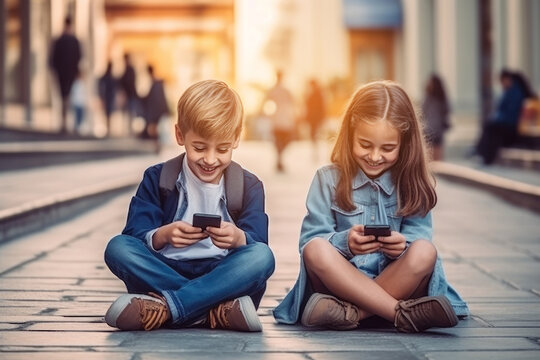 Modern kids using mobile phone for entertainment