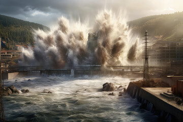 Dam explosion, dam breach, water flooding. generative ai.