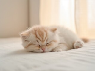 Fototapeta na wymiar Cute little fluffy Scottish Fold kitten sleeps on the bed. Light pastel background, soft light