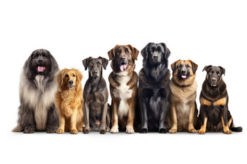 Group of different breeds of dogs on a white background