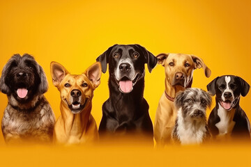 Group of different breeds of dogs on a yellow background