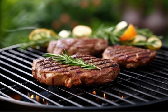 Closeup of grilled meat on a bbq grid. AI generative