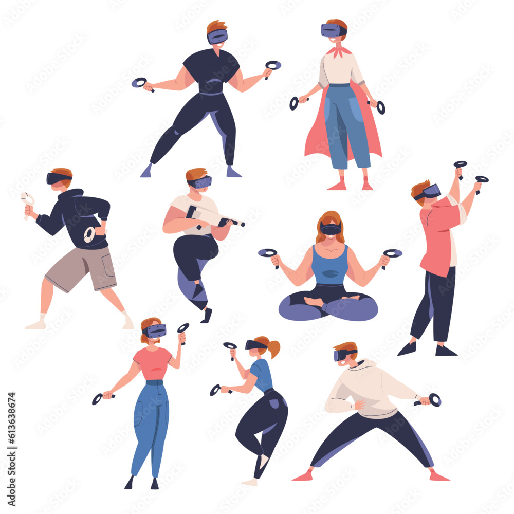 Poster augmented reality with people characters in virtual reality glasses playing game on simulator vector