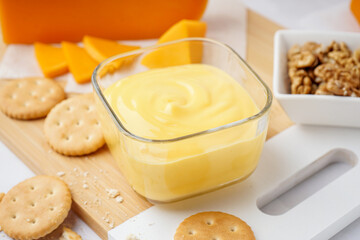 Bowls of tasty cheddar sauce with crackers, cheese chunks and walnuts on white grunge background