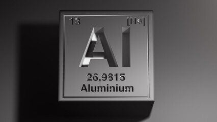 Periodic table element aluminum icon on grey background. 3d illustration