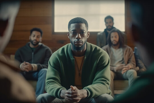 Sad anxiety depressed black man at support group meeting for mental health and addiction issues in anonymous community space