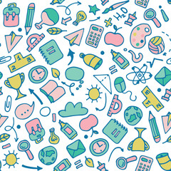 Back to school seamless pattern. Good for textile fabric design, wrapping paper and website wallpapers. School and stationery. Modern vibrant colors. Vector illustration.