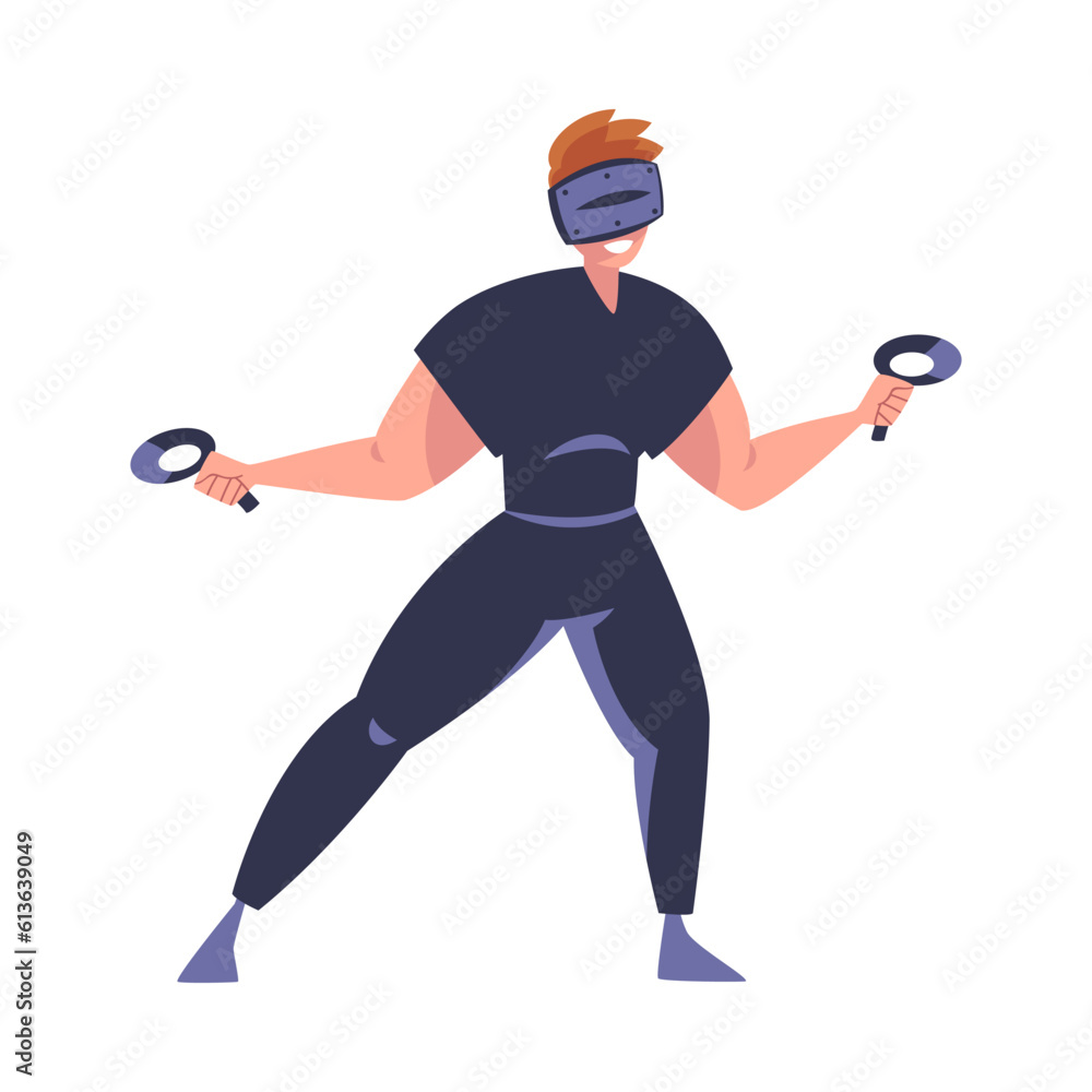 Poster augmented reality with man character in virtual reality glasses playing game on simulator vector ill