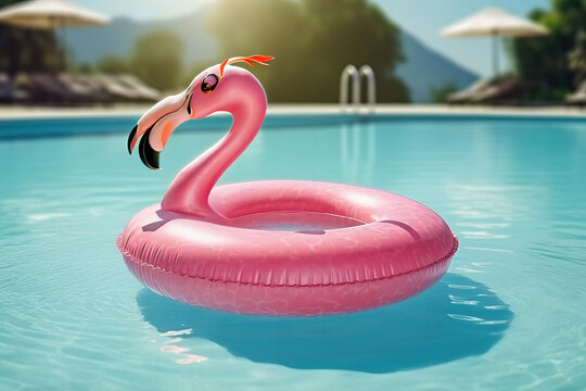 Photo of a pink flamingo pool float in a turquoise swimming pool