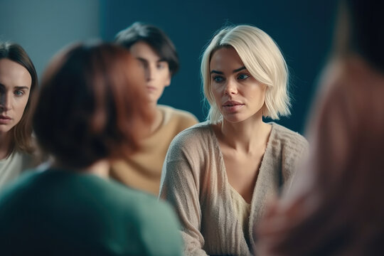 Sad depressed woman at support group meeting for mental health and addiction issues in anonymous community space