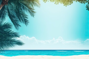Copy space with a marine sky background, palm trees, and a tropical summer beach. Idea for a summer vacation and trip. Generative AI